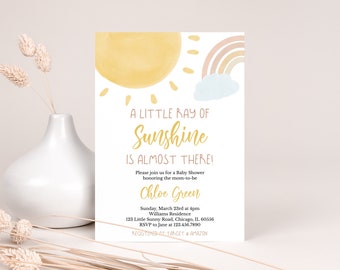 Editable Sunshine Baby Shower Invitation, A Little Ray of Sunshine Baby Shower Invite, Girl Sun Baby Shower, Boho Sunshine Shower, BBS315