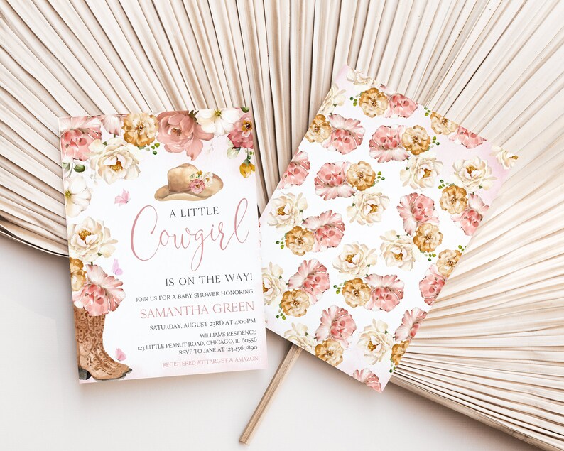 May include: A pink and white baby shower invitation with a floral pattern. The invitation says "A Little Cowgirl is on the Way!" and includes the name Samantha Green, the date and time of the shower, and the location. The invitation also includes a pink and white cowboy hat with flowers on it.