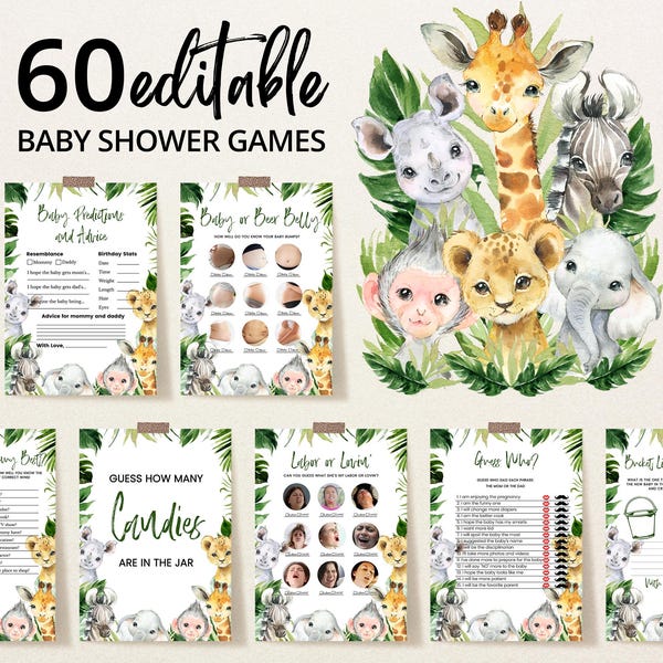 Lot de jeux de douche modifiables Greenery Safari Jungle, Pack de jeux de baby shower Wild One, Jeux de baby shower animaux de safari de verdure, BBS339