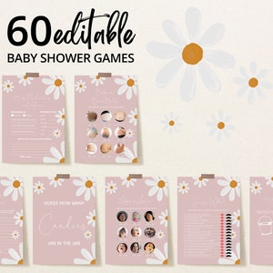 Bewerkbare spelbundel madeliefje babyshower, spelpakket baby in bloei madeliefje babyshower, boho madeliefje babyshowergames, BBS620