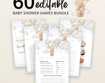 May include: A bundle of 60 editable baby shower game cards featuring a teddy bear in a hot air balloon with blue and beige balloons and clouds. The cards include text for baby predictions, advice, and games with lines for writing responses.
