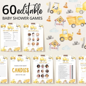 Puede incluir: Un conjunto de juegos de baby shower imprimibles con temática de construcción. Los juegos incluyen "Predicciones y consejos para el bebé", "Bebé o barriga de papá", "¿Quién conoce mejor a mamá?", "Adivina cuántos caramelos hay en el frasco", "Trabajo o amor", "Adivina qué", y "Lista de cubos para el primer año".