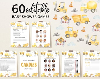 Editable Baby Under Construction Baby Shower Game Bundle, Modern Construction Game Pack, Dump Trucks Excavator Shower Games, BBS1021