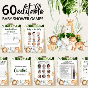 Paquete de juegos de baby shower con animales de safari editables, paquete de juegos de baby shower con temática de safari en la jungla para niños, juegos de baby shower con temática de safari en verde y dorado, BBS247