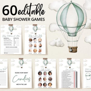 Editable Adventure Awaits Baby Shower Game Bundle, Green Hot Air Balloon Baby Shower Game Pack, Gender Neutral Adventure Awaits Games BBS385