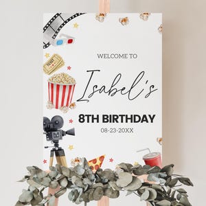 Letrero de bienvenida editable para fiesta de cumpleaños de cine, póster digital para fiesta de cumpleaños de cine, decoración móvil para fiesta de cumpleaños con temática de cine, BRT308