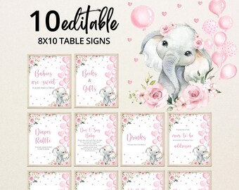 Könnte beinhalten: Ein Set von zehn editierbaren 8x10 Tischschildern für eine Babyparty. Jedes Schild zeigt eine Illustration eines Elefanten, rosa Ballons und florale Akzente. Die Schilder enthalten Texte wie "Babies are sweet" und "Books & Gifts".