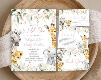 May include: A baby shower invitation set featuring watercolor illustrations of a zebra, giraffe, lion, and elephant decorated with pink flowers and greenery. The text includes A LITTLE Wild One IS ON THE WAY, Hailey Miller, and event details.
