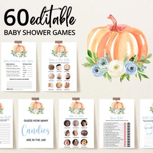 Editable Boy Pumpkin Baby Shower Game Bundle, Blue Floral Pumpkin Baby Shower Game Pack, Pumpkin Baby Shower Games, BBS177