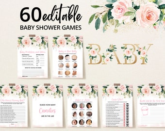 Editable Pink and Gold Floral Baby Shower Game Bundle, Girl Floral Baby Shower Games, Pink Floral Baby Shower Game Bundle Template, BBS243