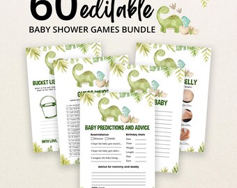 May include: A bundle of 60 editable baby shower game cards featuring watercolor green dinosaur illustrations and tropical leaf accents. The cards include titles like Bucket List, Guess Who, and Baby Predictions and Advice with blank lines.