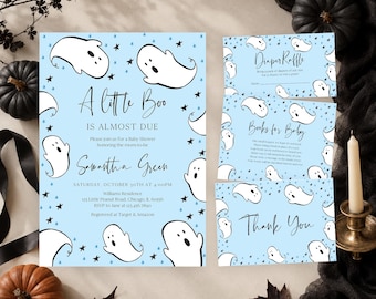 Editable Blue A Little Boo Baby Shower Invitation Bundle, Boy Halloween Baby Shower Invite, Ghost Halloween Baby Shower Invite, BBS497