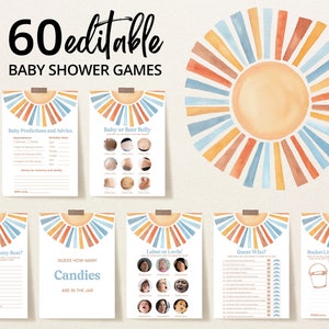 Editable Sunshine Baby Shower Game Bundle, Here Comes the Son Baby Shower Game Pack, Boy Sonshine Shower, Boho Sunshine Shower Games, BBS398