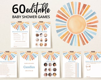 Editable Sunshine Baby Shower Game Bundle, Here Comes the Son Baby Shower Game Pack, Boy Sonshine Shower, Boho Sunshine Shower Games, BBS398