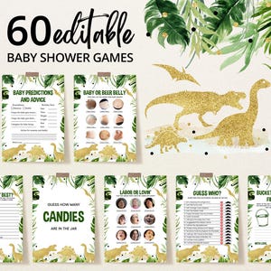 Editable Dinosaur Baby Shower Game Bundle, Greenery Gold Dinosaur Baby Shower Game Pack, Boy Dinosaur Baby Shower Games, BBS305
