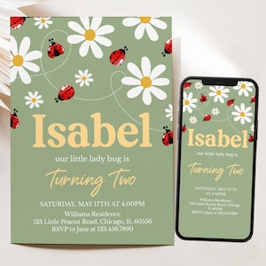 Faire-part d'anniversaire modifiable petite coccinelle, invitation d'anniversaire fille rouge coccinelle, invitation de fête d'anniversaire insecte coccinelle fleur marguerite, BRT247