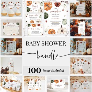 Editable Gender Neutral Pumpkin Baby Shower Bundle, Minimalist Fall Baby Shower Invitation Pack, Burgundy Fall Shower Game Package, BBS887