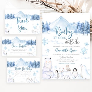 Editable Baby It&#39;s Cold Outside Baby Shower Invitation Bundle, Arctic Animals Winter Baby Shower Invite Pack, Gender Neutral Shower, BBS517