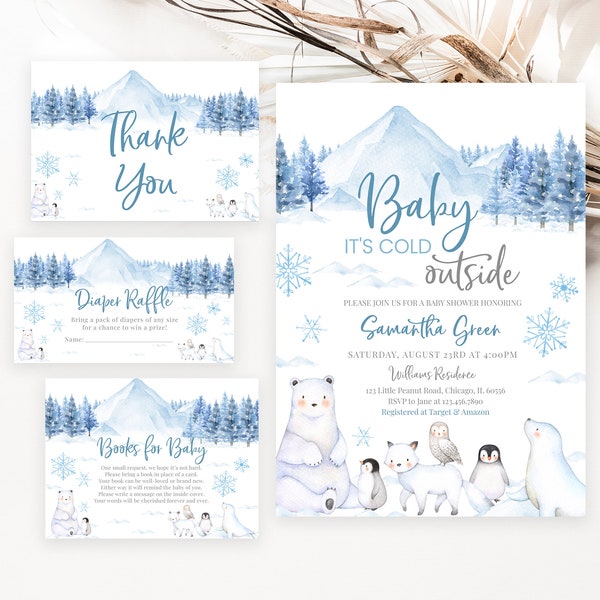 Editable Baby It's Cold Outside Baby Shower Invitation Bundle, Arctic Animals Winter Baby Shower Invite Pack, Gender Neutral Shower, BBS517
