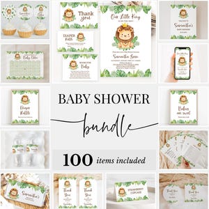 Editable Our Little King Lion Baby Shower Bundle, Baby Lion Baby Shower Invitation Pack, Greenery Lion Baby Shower Game Package, BBS1076