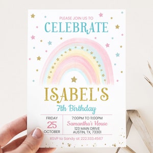 Editable Rainbow Birthday Invitation, Pastel Rainbow Birthday Invite, Pink Pastel Gold Rainbow Birthday Invite, Rainbow Mobile Invite BRT072