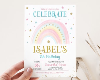 May include: A pink and blue rainbow with gold stars on a white background. The text "PLEASE JOIN US TO CELEBRATE ISABEL'S 7th Birthday" is printed on the invitation. The date is Friday, October 25th, and the time is 7:00 PM to 11:00 PM. The location is Samantha's House, 123 Main Drive, Austin, TX, 73301. RSVP to Sandy at 222.333.4567.
