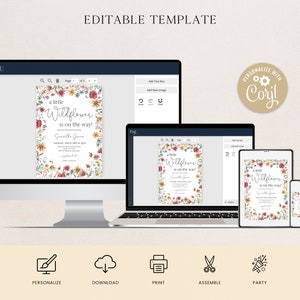 May include: Editable template for a baby shower invitation with a floral design. The text reads "a little wildflower is on the way!" and includes the name "Samantha Green".