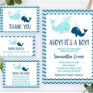 Editable Whale Baby Shower Invitation Bundle, Blue Whale Baby Shower Invite, Under the Sea Baby Shower Invite, Boy Ocean Baby Shower, BBS254