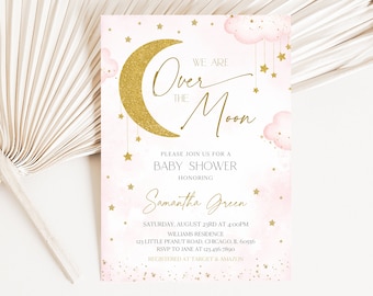 Invito modificabile per baby shower "We are Over the Moon" rosa, invito per baby shower "Twinkle Little Star", invito per baby shower "Gold Moon Star Girl", BBS754