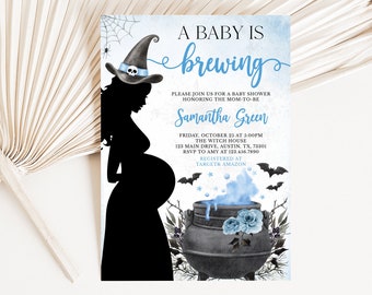Bewerkbare uitnodiging voor een Halloween-babyshower met het thema "Een baby is op komst", blauwe uitnodiging, uitnodiging voor een Halloween-babyshower voor een jongen, uitnodiging voor een heksenbabyshower, BBS430
