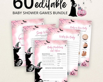 May include: A bundle of 60 editable baby shower game cards featuring a pink and black Halloween theme. The cards display silhouettes of pregnant witches, spider webs, bats, and pumpkins, with printed text for games like Baby Predictions and Advice.