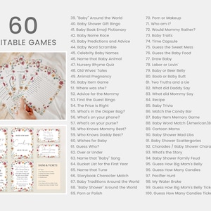 May include: A printable list of 60 baby shower games, with floral illustrations and the text "60 Editable Games".