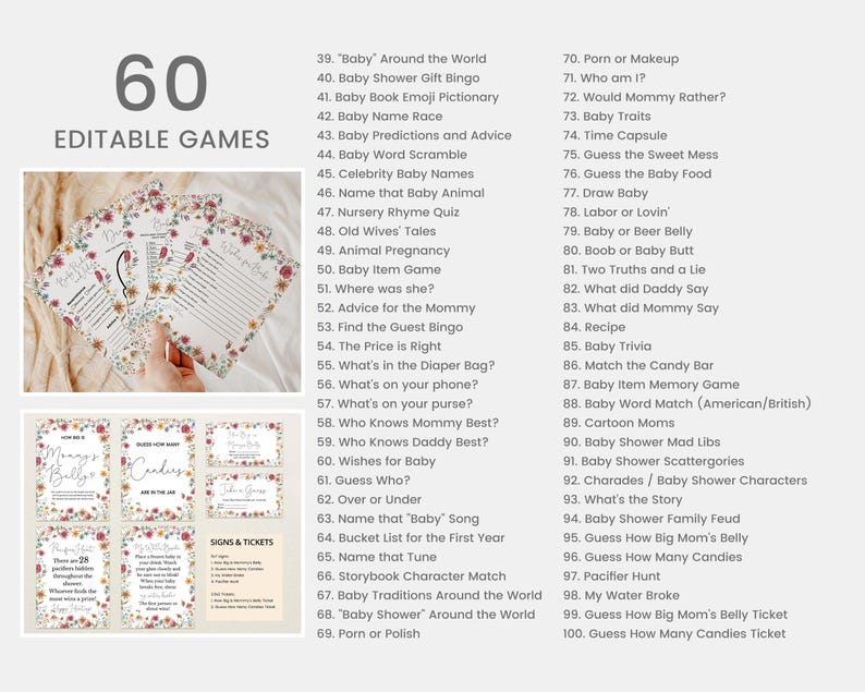 May include: A printable list of 60 baby shower games, with floral illustrations and the text "60 Editable Games".