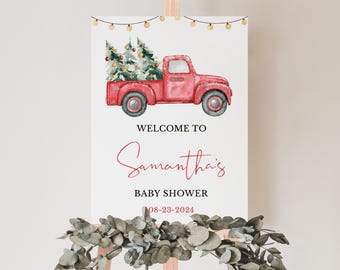 Bearbeitbar Ein kleines Bündel Freude Babyparty Willkommensschild, Kiefernlaster Babyparty Poster, Weihnachten Babypartydekor, BBS923