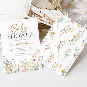 Puede incluir: Invitaci&oacute;n a baby shower con dise&ntilde;o floral. La invitaci&oacute;n presenta el texto "Baby Shower" en escritura dorada, junto con los detalles del evento y el nombre "Samantha Green". Una tarjeta a juego muestra un patr&oacute;n floral.