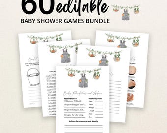 May include: A bundle of 60 editable baby shower game cards featuring a watercolor illustration of a clothesline with overalls and hanging plants. Each white card includes black text for various activities like baby predictions, advice, and bucket lists.