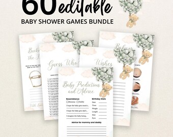 May include: A bundle of 60 editable baby shower game cards featuring a teddy bear holding a cluster of sage green balloons. The cards include titles like Baby Predictions and Advice, Guess Who, and Wishes, with soft pink clouds and black text.