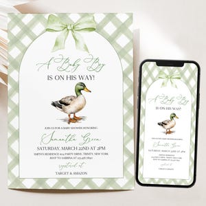Invito modificabile per baby shower a forma di anatra selvatica, invito per baby shower a forma di anatra, invito per baby shower a forma di anatra cacciatrice, BBS960