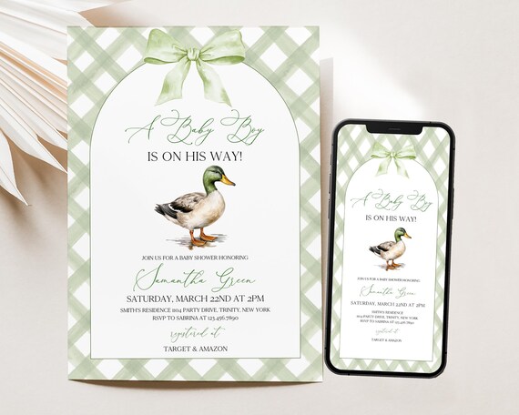 Editable Baby Boy Mallard Duck Baby Shower Invitation, Duck Baby Shower Invite, Boy Hunting Duck Baby Shower Invite, BBS960