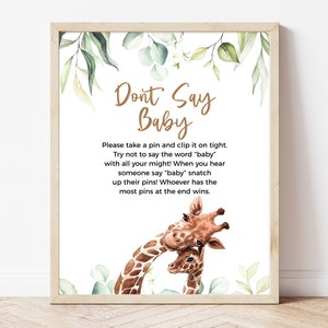 Giraffe Baby Shower Don't Say Baby Sign, Greenery Giraffe Baby Shower Don't Say Baby Game, Boy Safari Jungle Baby Shower, Tropical, BBS334
