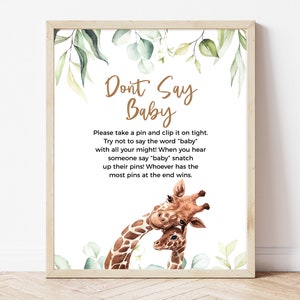 Giraffe Babyparty Don&#39;t Say Baby Zeichen, Greenery Giraffe Babyparty Don&#39;t Say Baby Spiel, Boy Safari Jungle Baby Shower, Tropisch, BBS334