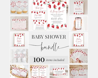 Editable Strawberry Baby Shower Bundle, Red Strawberry Invitation Pack, Berry Sweet Baby Shower Games, Berry Shower Package, BBS320