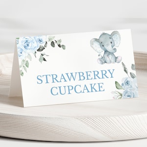 Étiquette alimentaire modifiable pour baby shower éléphant, carte tente de baby shower éléphant floral bleu, baby shower éléphant floral, BBS259