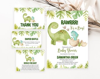 Bearbeitbares Dinosaurier-Babyparty-Einladungspaket, Greenery Boho-Dinosaurier-Babyparty-Einladung, Jungen-Dinosaurier-Dusche, Es ist ein Jungen-Dinosaurier, BBS306