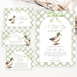Editable Baby Boy Mallard Duck Baby Shower Invitation Bundle, Duck Baby Shower Invite Pack, Boy Hunting Duck Baby Shower Invite, BBS960