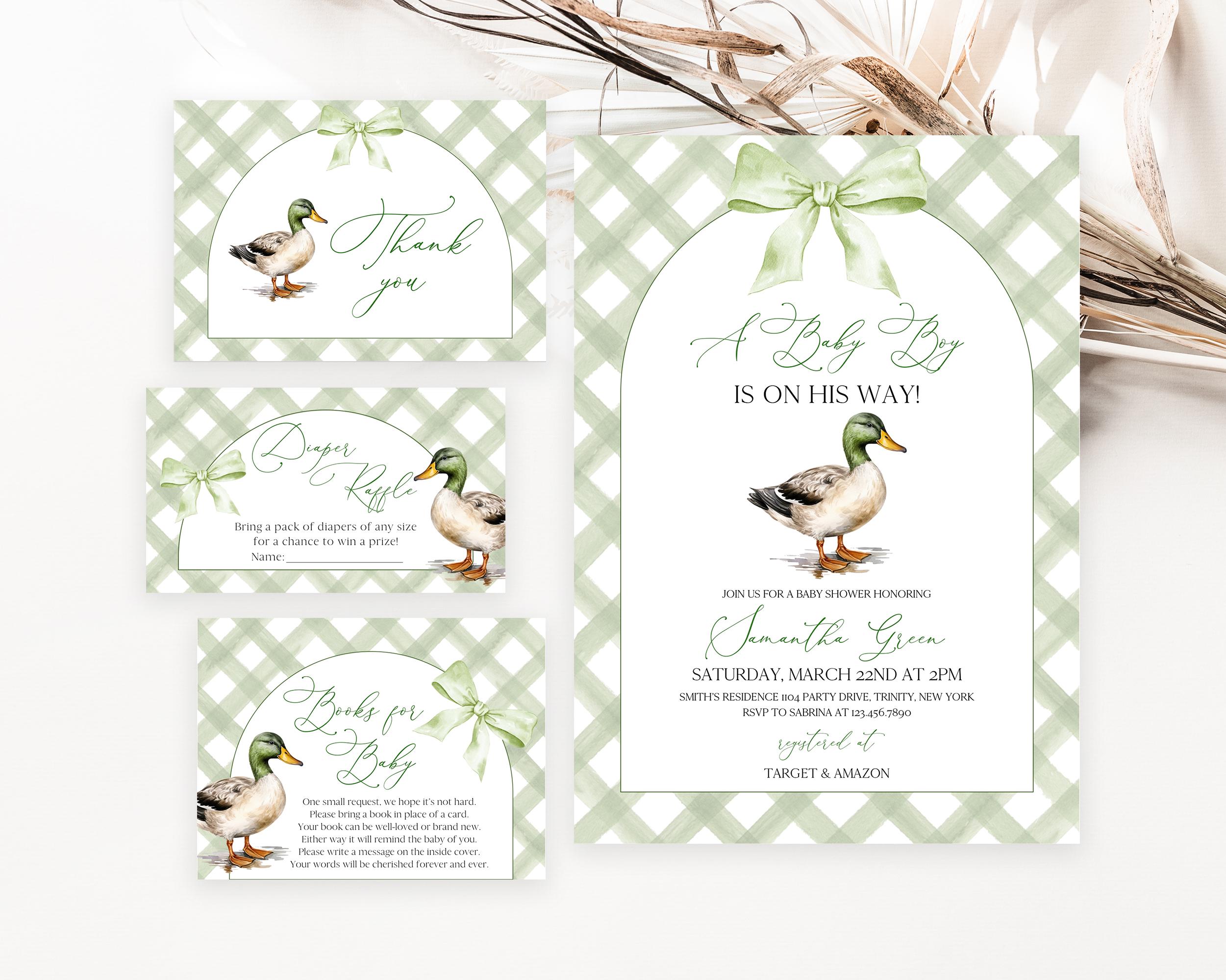 Editable Baby Boy Mallard Duck Baby Shower Invitation Bundle, Duck Baby Shower Invite Pack, Boy Hunting Duck Baby Shower Invite, BBS960
