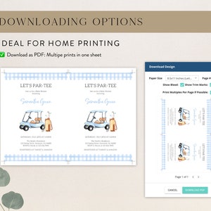 May include: Printable PDF template for a golf-themed baby shower invitation. The invitation features a blue golf cart with golf clubs and the text "Let's Par-Tee" in a blue and white checkered pattern.