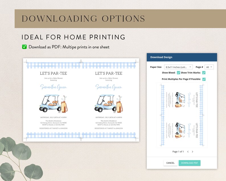May include: Printable PDF template for a golf-themed baby shower invitation. The invitation features a blue golf cart with golf clubs and the text "Let's Par-Tee" in a blue and white checkered pattern.