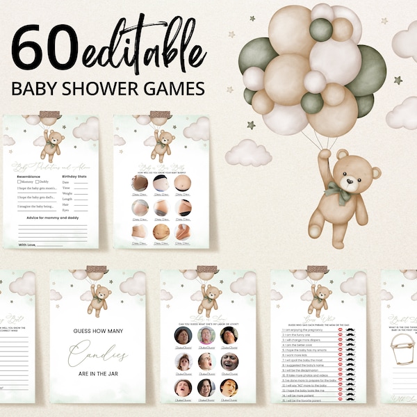 Editable Gender Neutral Bear Baby Shower Game Bundle, We Can Bearly Wait Baby Shower Game Pack, Green Boho Bear Baby Shower Games, BBS390