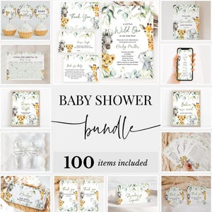 Paquete editable "A Little Wild One" para baby shower, paquete de invitaciones de safari en la jungla, paquete de juegos para baby shower con animales de safari, BBS340